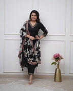 Women’s Black Viscose Silk Embroidered Kurta Set with Chinon Printed Dupatta