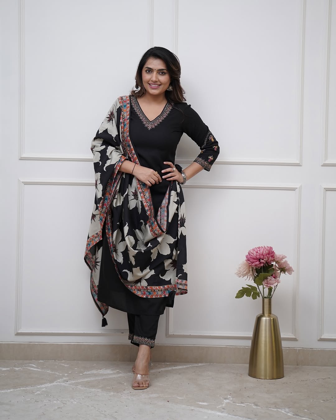 Women’s Black Viscose Silk Embroidered Kurta Set with Chinon Printed Dupatta