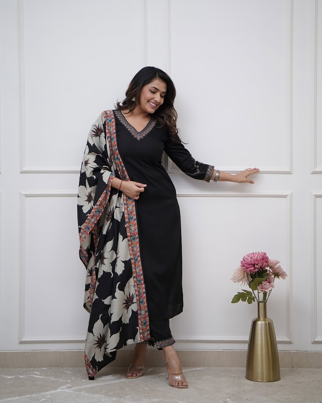 Women’s Black Viscose Silk Embroidered Kurta Set with Chinon Printed Dupatta