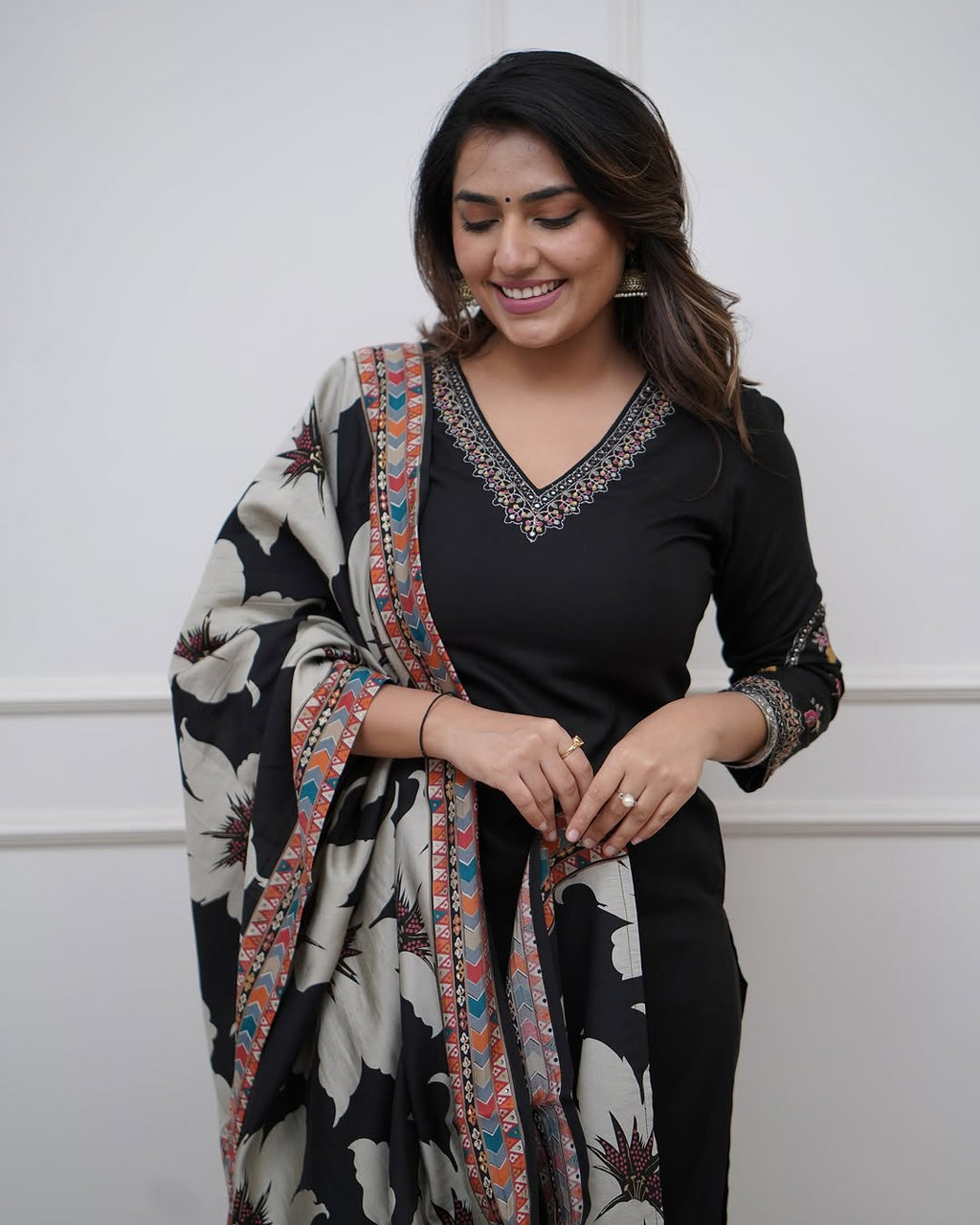 Women’s Black Viscose Silk Embroidered Kurta Set with Chinon Printed Dupatta