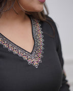 Women’s Black Viscose Silk Embroidered Kurta Set with Chinon Printed Dupatta