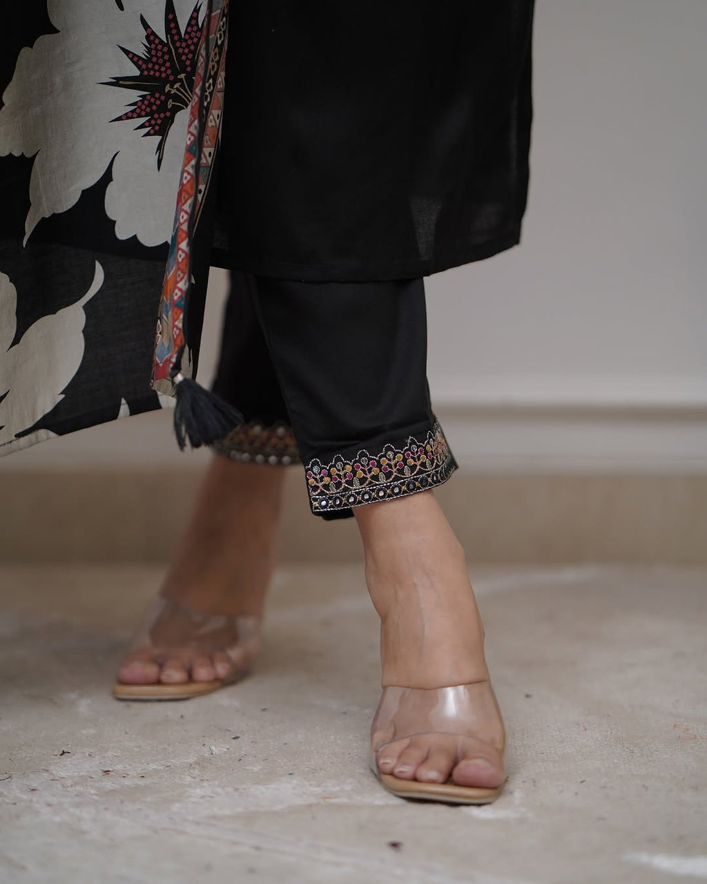 Women’s Black Viscose Silk Embroidered Kurta Set with Chinon Printed Dupatta