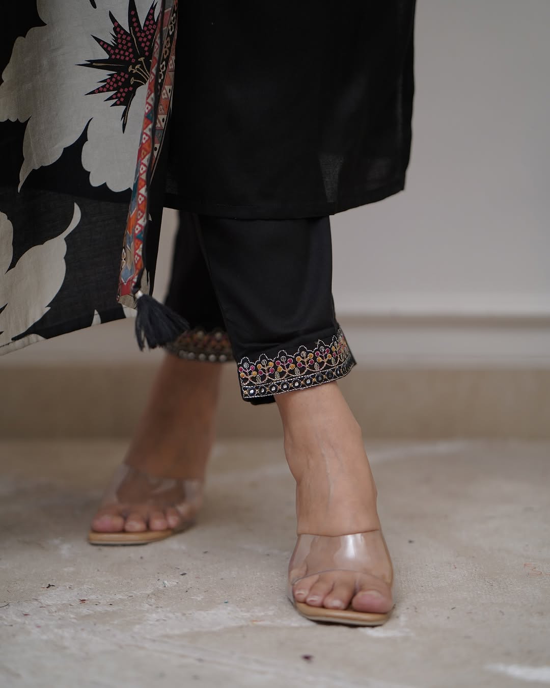 Women’s Black Viscose Silk Embroidered Kurta Set with Chinon Printed Dupatta