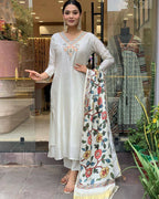 Women’s Cream Viscose Chanderi Coding Embroidered Kurta Set with Lagdi Satin Dupatta