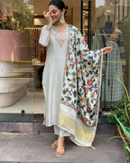 Women’s Cream Viscose Chanderi Coding Embroidered Kurta Set with Lagdi Satin Dupatta