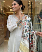Women’s Cream Viscose Chanderi Coding Embroidered Kurta Set with Lagdi Satin Dupatta