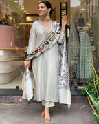 Women’s Cream Viscose Chanderi Coding Embroidered Kurta Set with Lagdi Satin Dupatta
