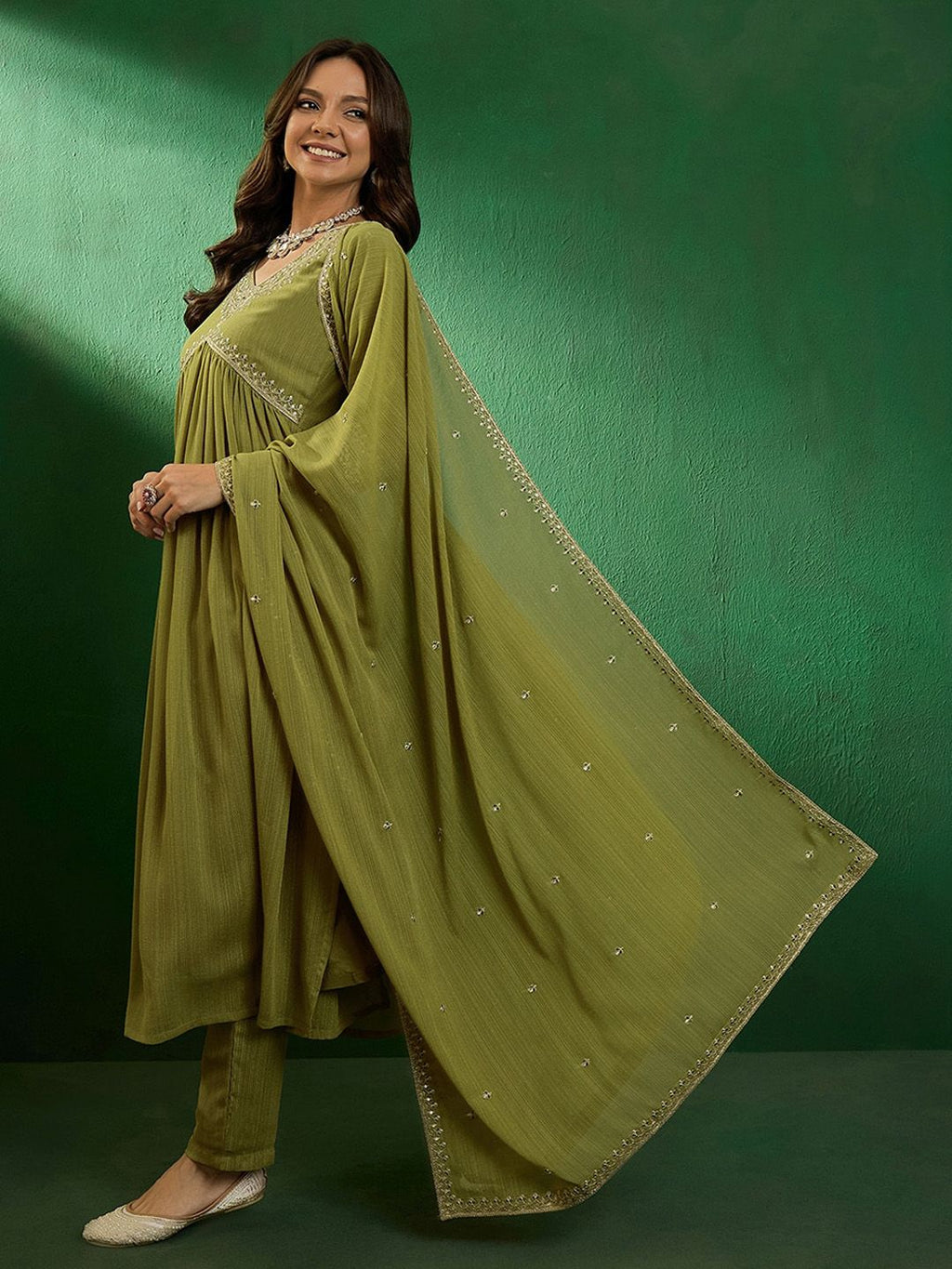 Women’s Green Viscose Chanderi Coding Embroidered Kurta Set with Lagdi Satin Dupatta