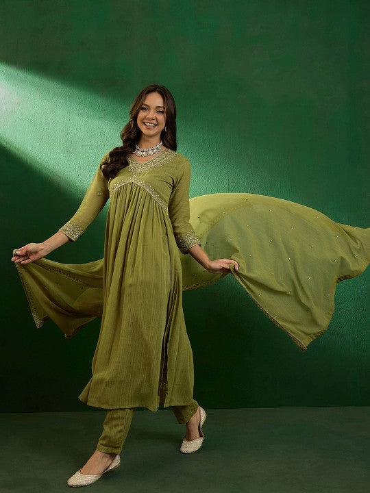 Women’s Green Viscose Chanderi Coding Embroidered Kurta Set with Lagdi Satin Dupatta