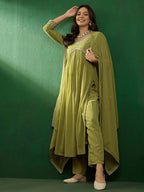 Women’s Green Viscose Chanderi Coding Embroidered Kurta Set with Lagdi Satin Dupatta