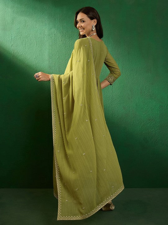 Women’s Green Viscose Chanderi Coding Embroidered Kurta Set with Lagdi Satin Dupatta