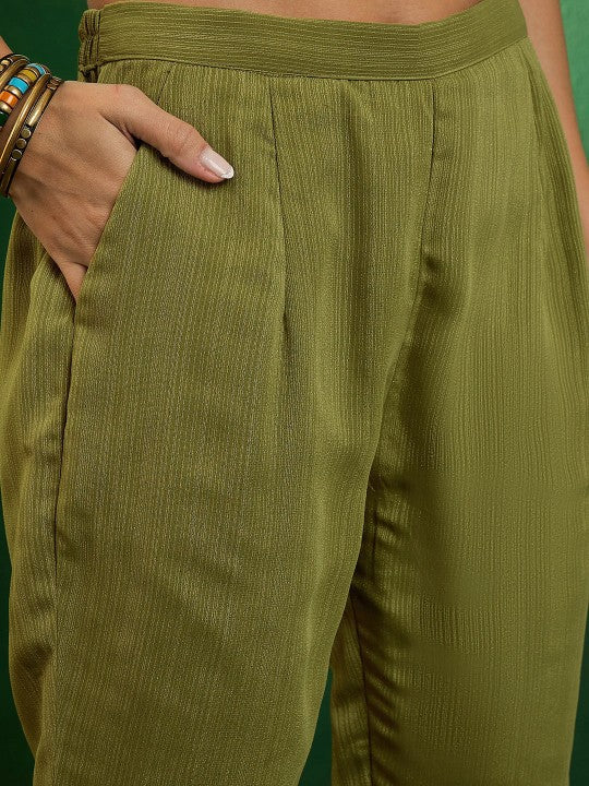Women’s Green Viscose Chanderi Coding Embroidered Kurta Set with Lagdi Satin Dupatta