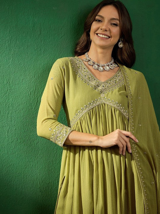 Women’s Green Viscose Chanderi Coding Embroidered Kurta Set with Lagdi Satin Dupatta