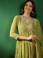 Women’s Green Viscose Chanderi Coding Embroidered Kurta Set with Lagdi Satin Dupatta