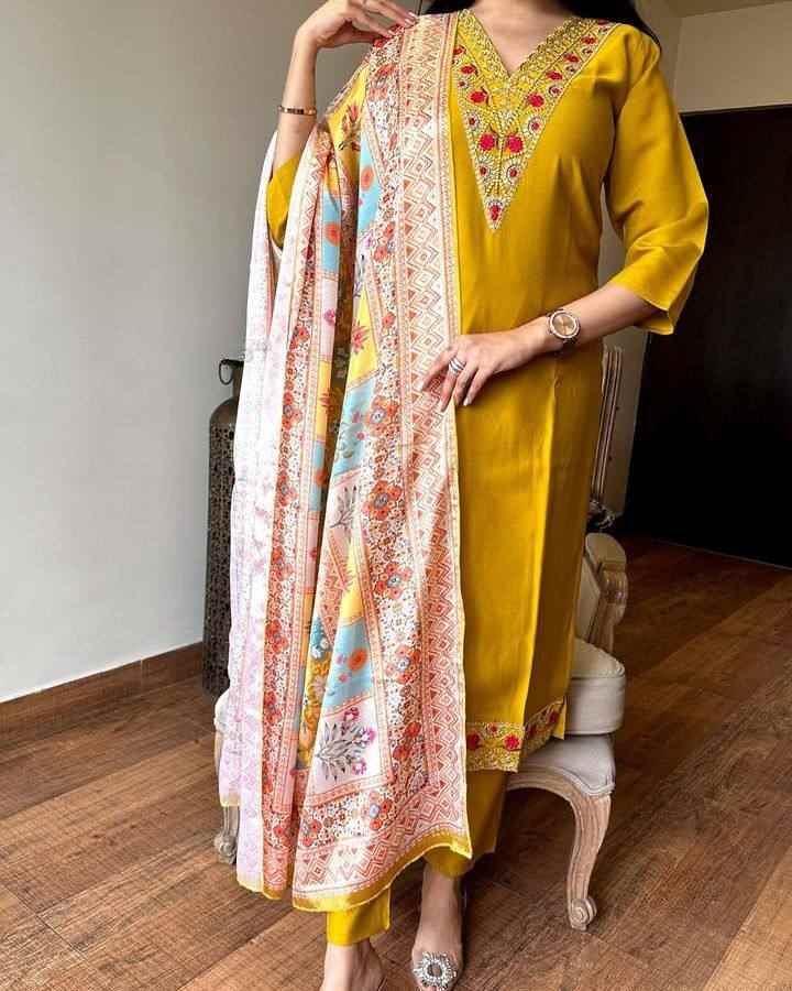 Women’s Mustard Viscose Chanderi Coding Embroidered Kurta Set with Silk Crepe Dupatta
