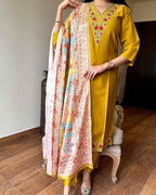Women’s Mustard Viscose Chanderi Coding Embroidered Kurta Set with Silk Crepe Dupatta