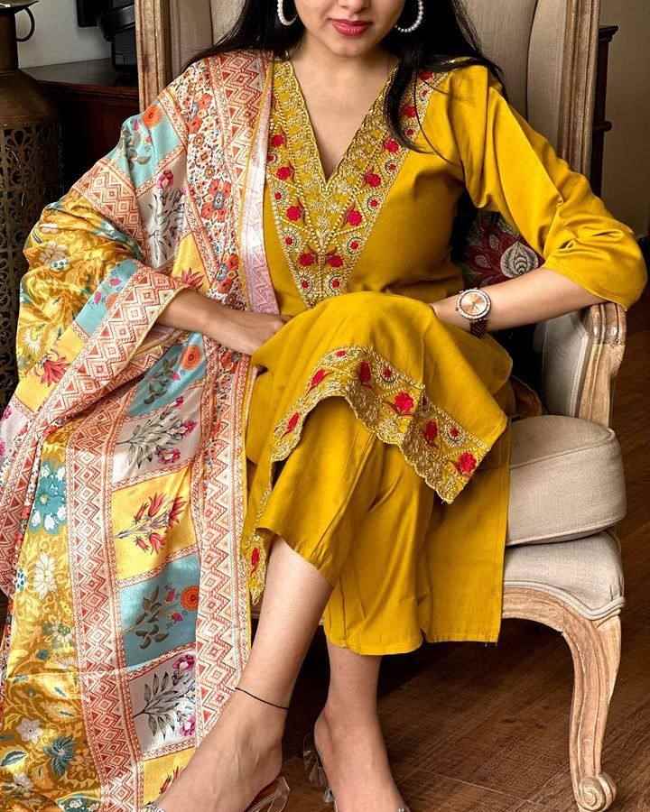 Women’s Mustard Viscose Chanderi Coding Embroidered Kurta Set with Silk Crepe Dupatta