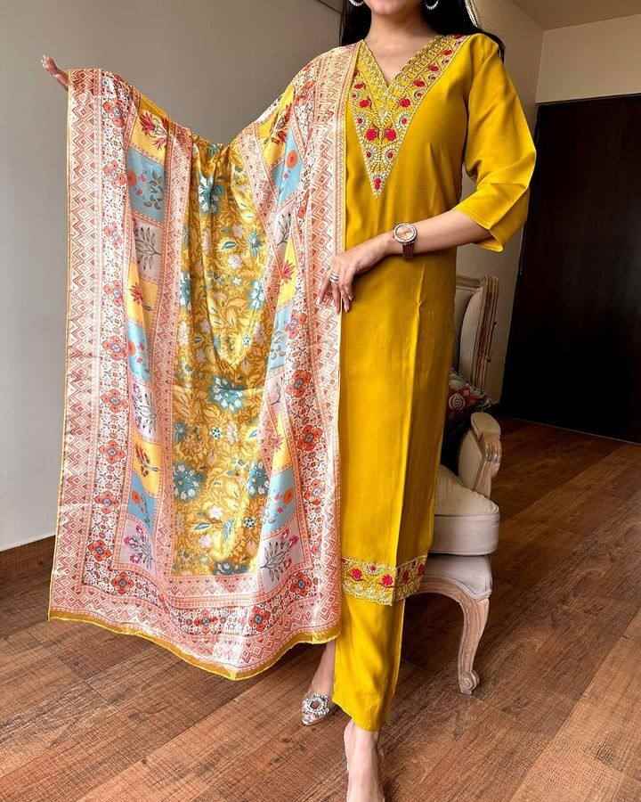 Women’s Mustard Viscose Chanderi Coding Embroidered Kurta Set with Silk Crepe Dupatta