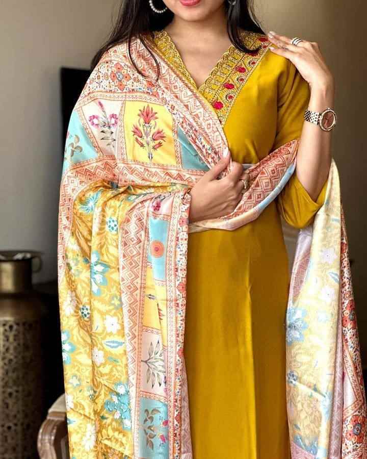 Women’s Mustard Viscose Chanderi Coding Embroidered Kurta Set with Silk Crepe Dupatta