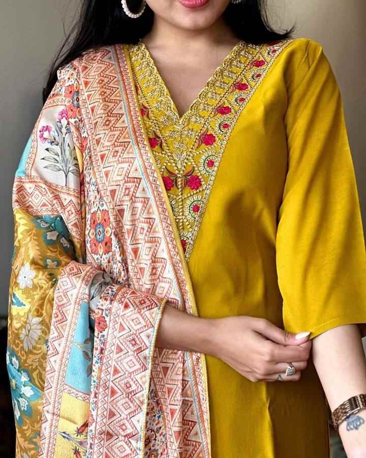 Women’s Mustard Viscose Chanderi Coding Embroidered Kurta Set with Silk Crepe Dupatta