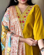 Women’s Mustard Viscose Chanderi Coding Embroidered Kurta Set with Silk Crepe Dupatta
