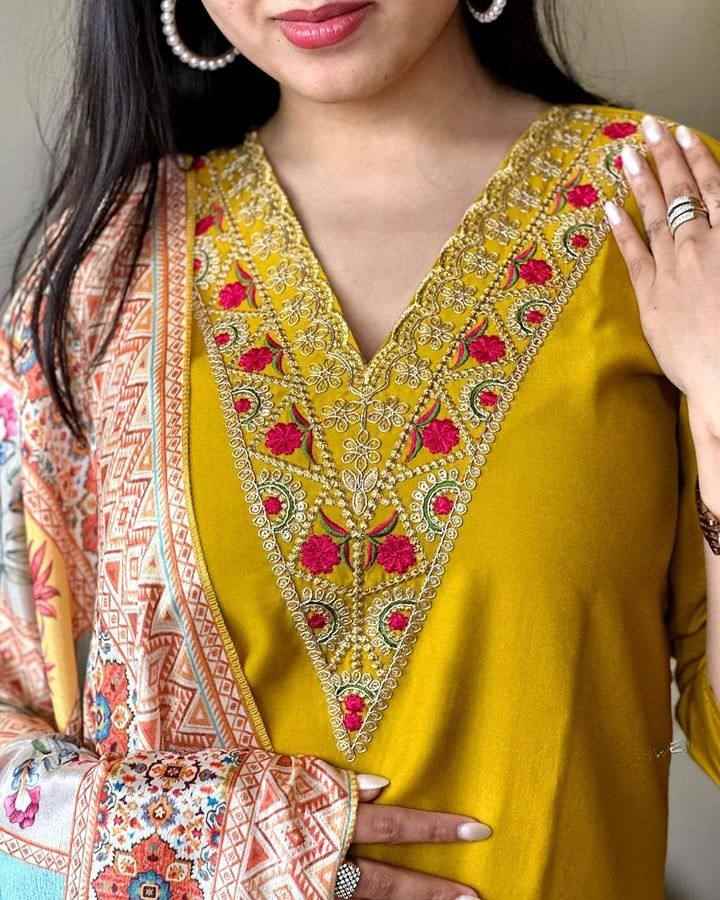Women’s Mustard Viscose Chanderi Coding Embroidered Kurta Set with Silk Crepe Dupatta