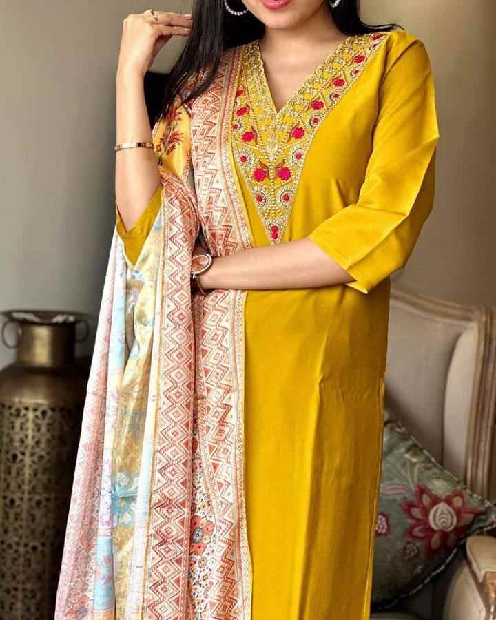 Women’s Mustard Viscose Chanderi Coding Embroidered Kurta Set with Silk Crepe Dupatta