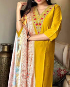 Women’s Mustard Viscose Chanderi Coding Embroidered Kurta Set with Silk Crepe Dupatta