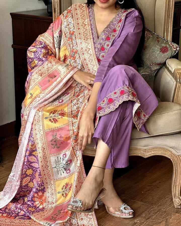 Women’s Purple Viscose Chanderi Coding Embroidered Kurta Set with Silk Crepe Dupatta