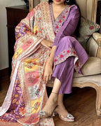Women’s Purple Viscose Chanderi Coding Embroidered Kurta Set with Silk Crepe Dupatta