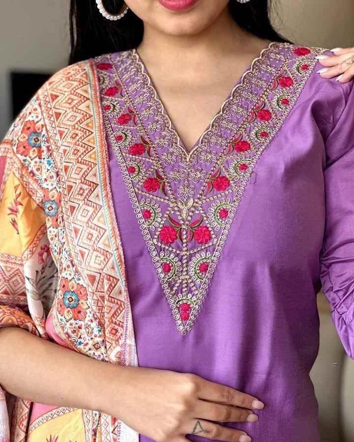 Women’s Purple Viscose Chanderi Coding Embroidered Kurta Set with Silk Crepe Dupatta