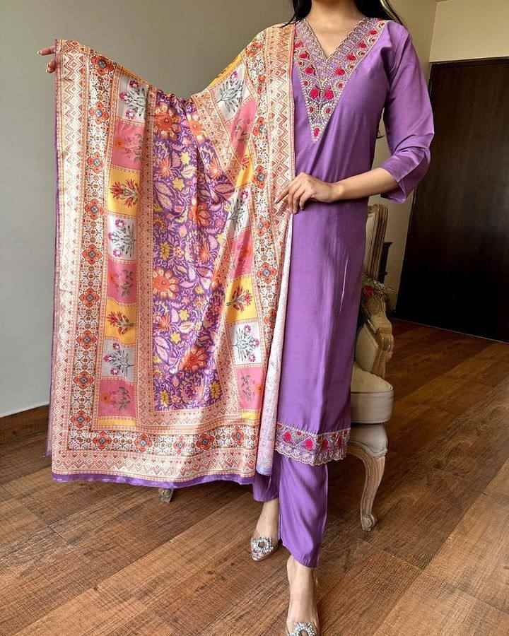 Women’s Purple Viscose Chanderi Coding Embroidered Kurta Set with Silk Crepe Dupatta