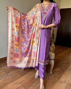 Women’s Purple Viscose Chanderi Coding Embroidered Kurta Set with Silk Crepe Dupatta