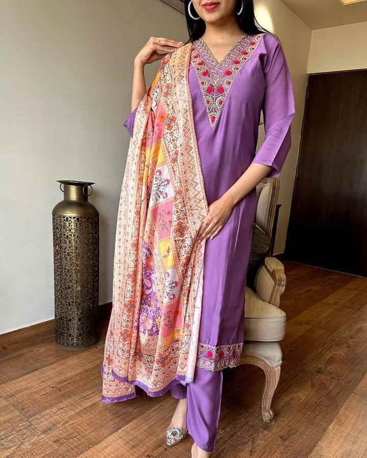 Women’s Purple Viscose Chanderi Coding Embroidered Kurta Set with Silk Crepe Dupatta