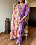 Women’s Purple Viscose Chanderi Coding Embroidered Kurta Set with Silk Crepe Dupatta