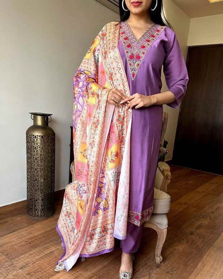 Women’s Purple Viscose Chanderi Coding Embroidered Kurta Set with Silk Crepe Dupatta