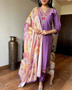 Women’s Purple Viscose Chanderi Coding Embroidered Kurta Set with Silk Crepe Dupatta