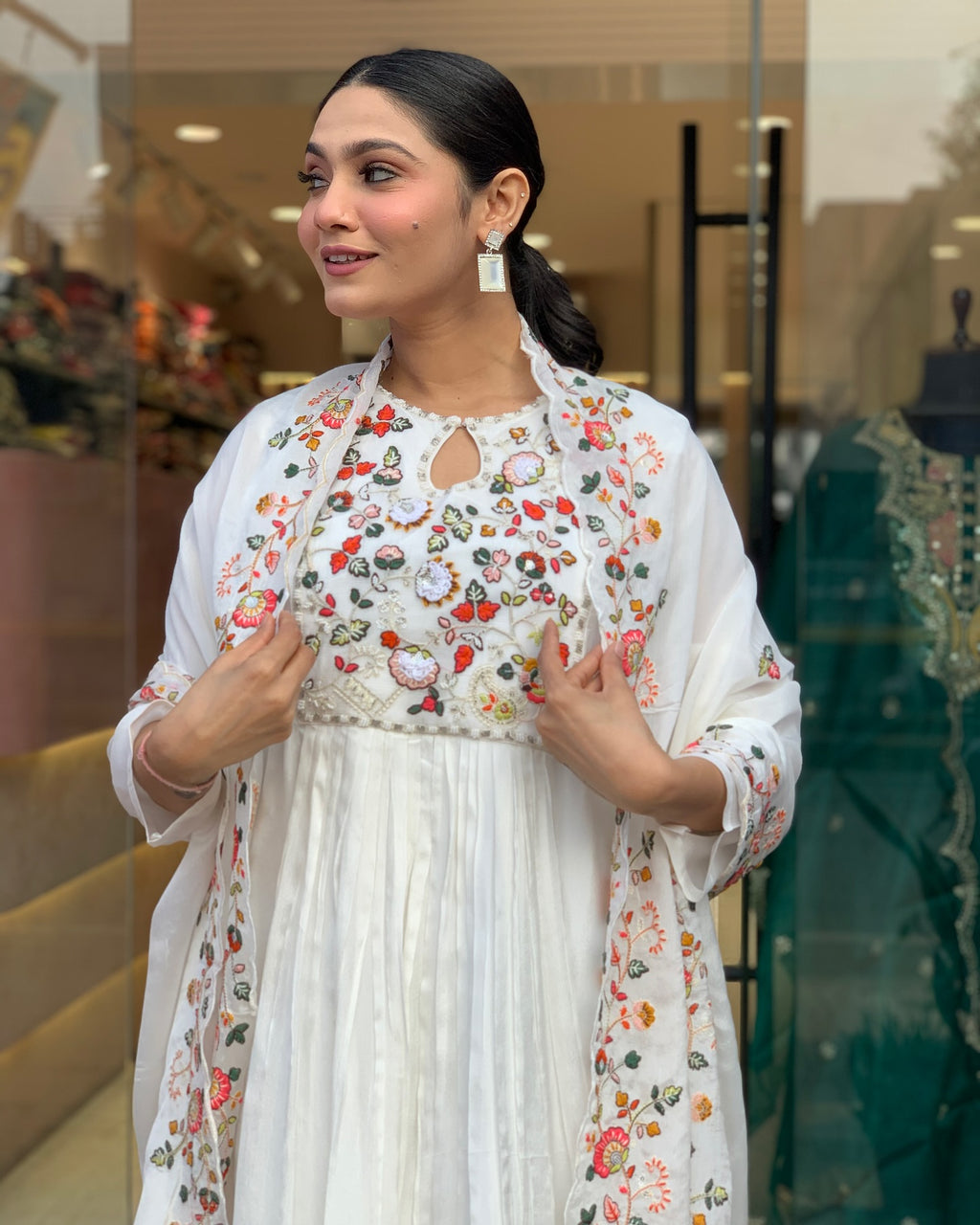 Women’s White Viscose Chinon Embroidered Kurta Set with Embroidered Chinon Dupatta