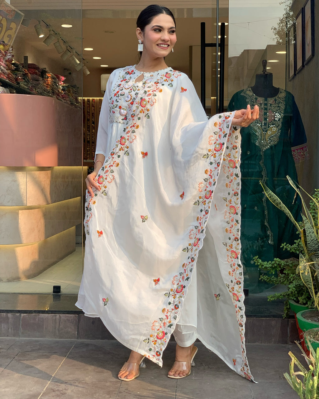 Women’s White Viscose Chinon Embroidered Kurta Set with Embroidered Chinon Dupatta