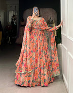 Women’s Peach Printed Georgette Gown with Matching Dupatta