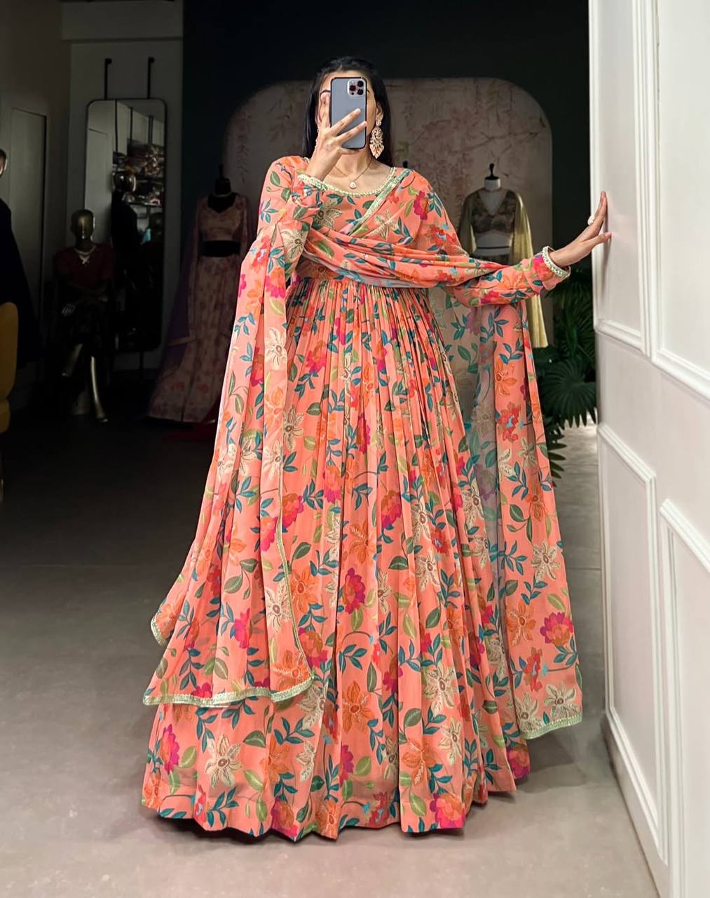 Women’s Peach Printed Georgette Gown with Matching Dupatta
