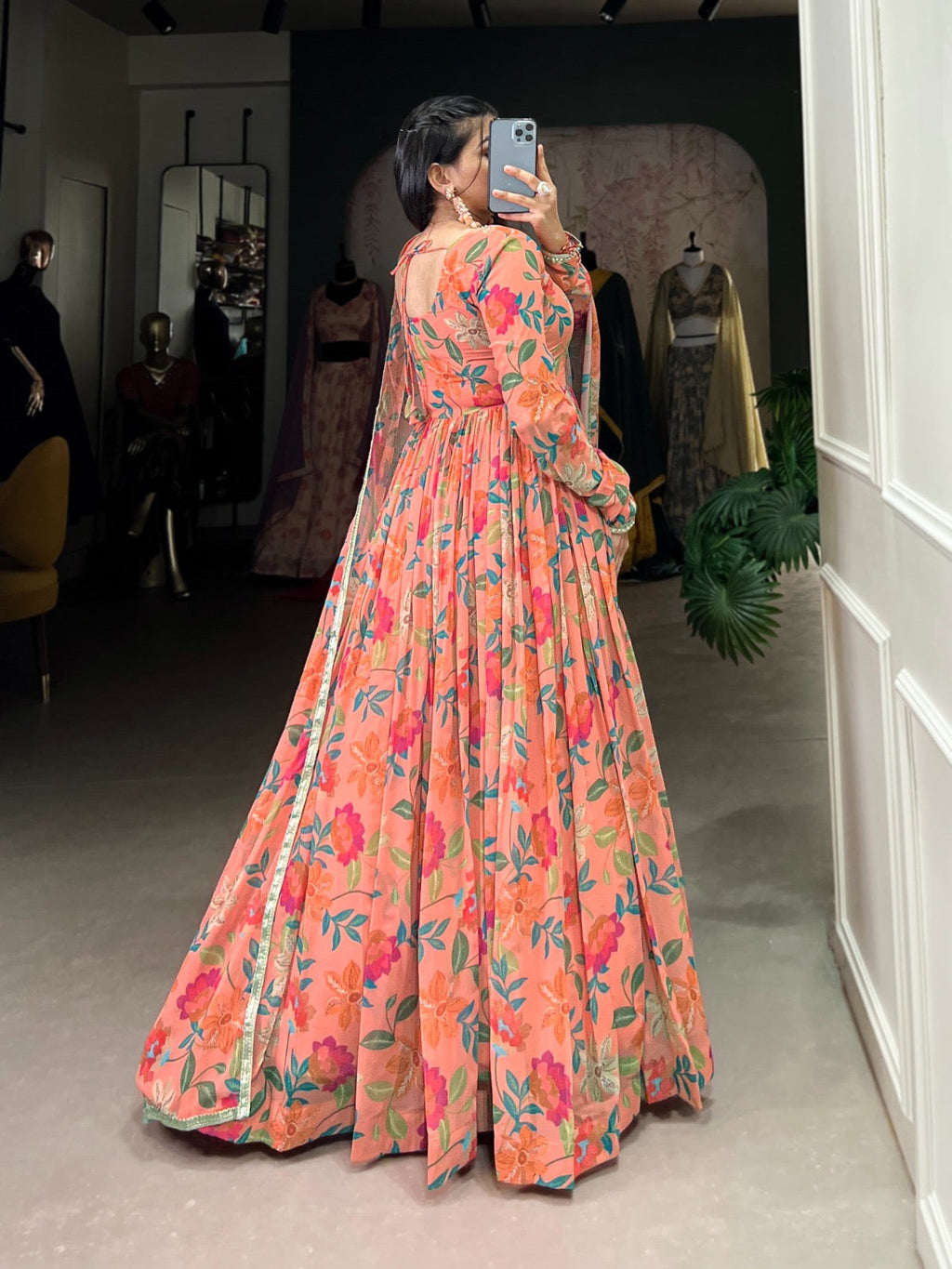 Women’s Peach Printed Georgette Gown with Matching Dupatta