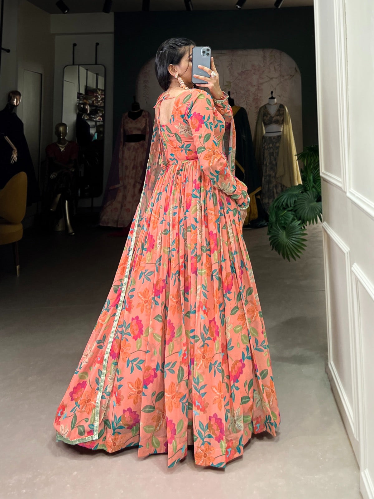 Women’s Peach Printed Georgette Gown with Matching Dupatta