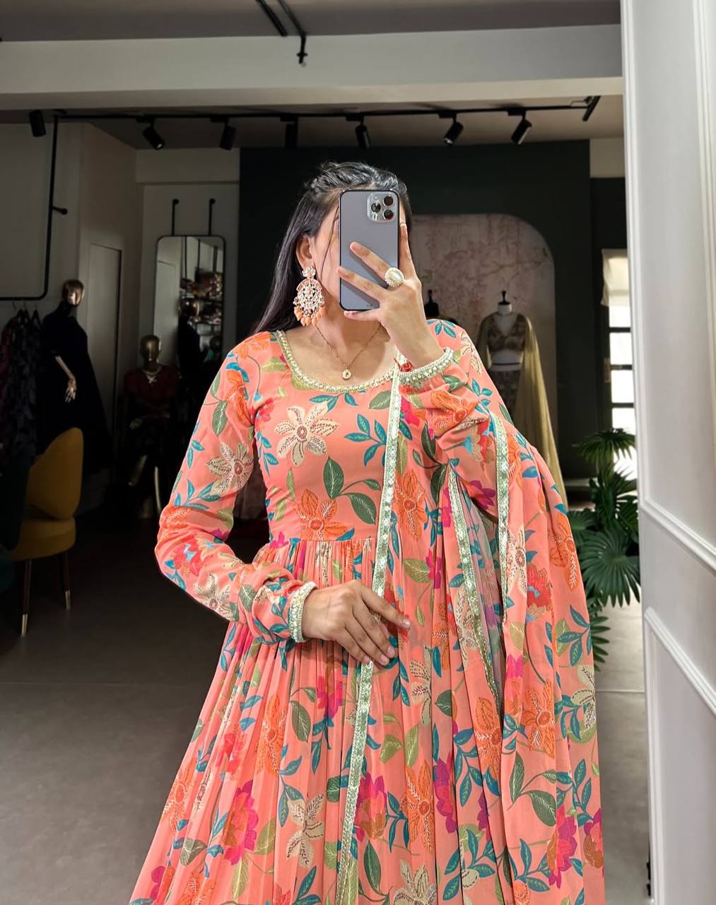 Women’s Peach Printed Georgette Gown with Matching Dupatta