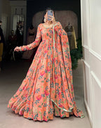 Women’s Peach Printed Georgette Gown with Matching Dupatta