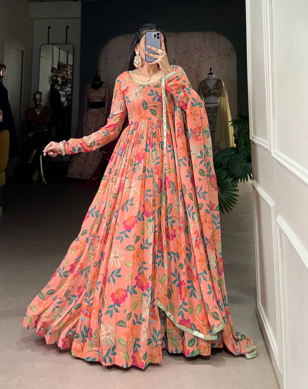 Women’s Peach Printed Georgette Gown with Matching Dupatta