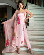 Women’s Baby Pink Viscose French Crepe Printed Top with Chanderi Bottom & Georgette Dupatta