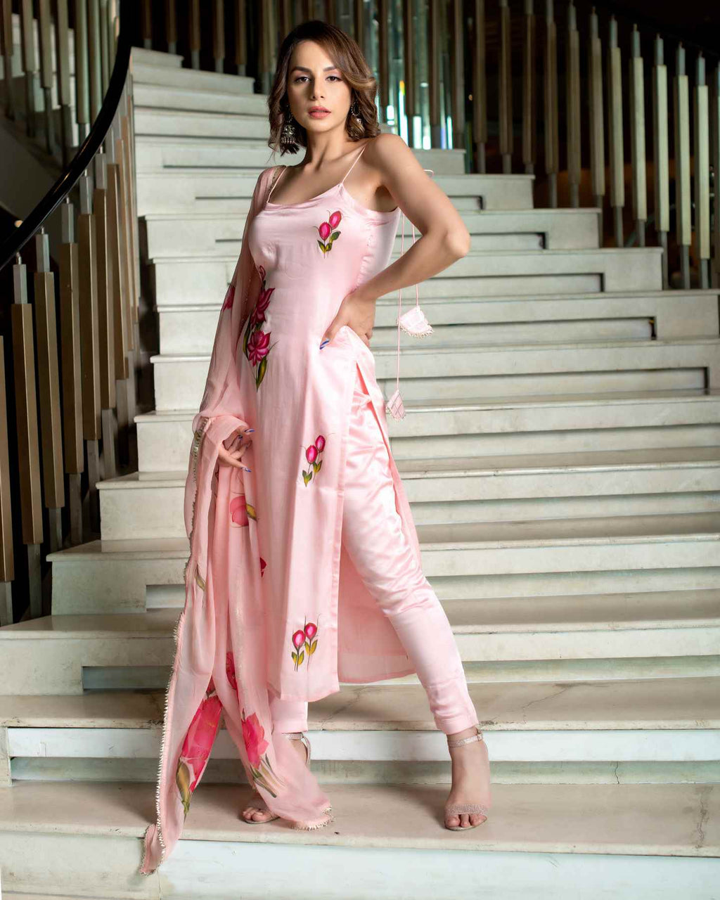 Women’s Baby Pink Viscose French Crepe Printed Top with Chanderi Bottom & Georgette Dupatta