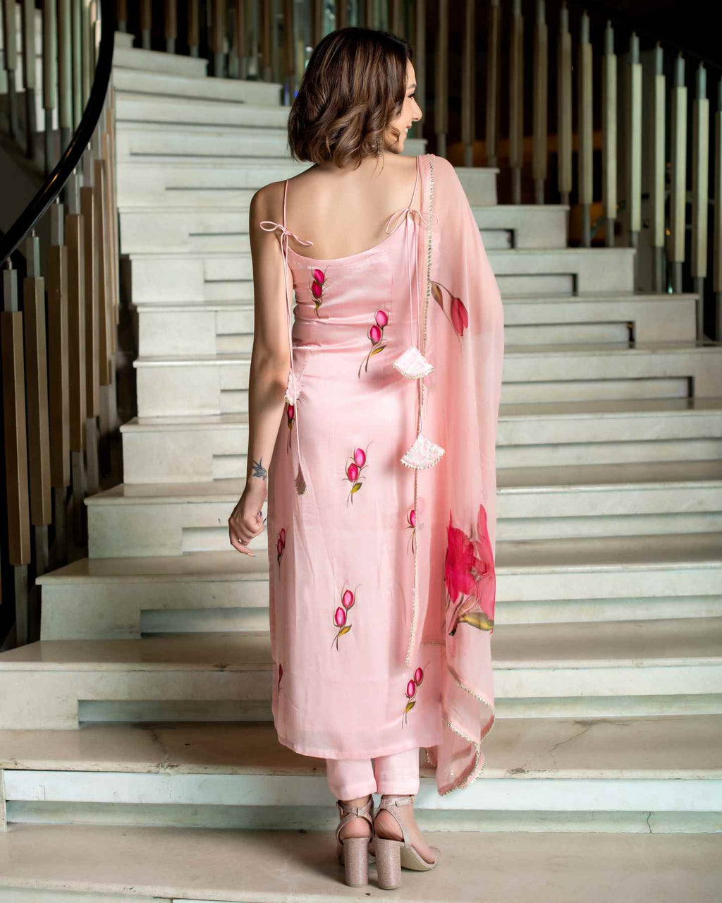 Women’s Baby Pink Viscose French Crepe Printed Top with Chanderi Bottom & Georgette Dupatta