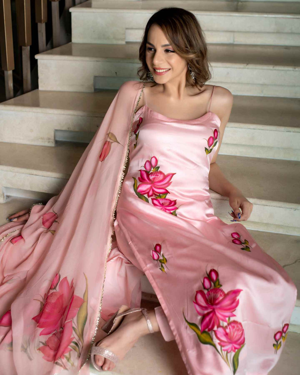 Women’s Baby Pink Viscose French Crepe Printed Top with Chanderi Bottom & Georgette Dupatta